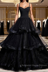 Black Tulle Open Back V Neck Beaded Layered Long Semi Formal Prom Dresses